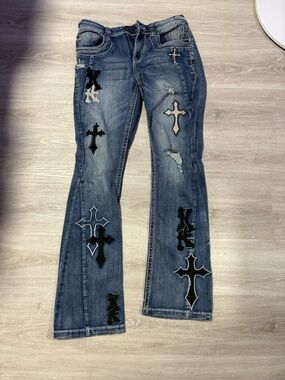 Womens Blue Flared Jeans with Cross Appliqué